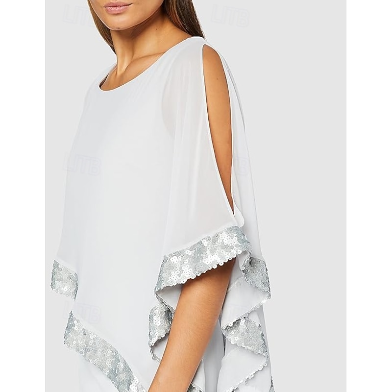 Beach Wedding Sheath Mother of the Bride Dress Wedding Guest Elegant Sparkle & Shine Jewel Neck Ankle Length Chiffon 3/4 Length Sleeve with Sequin Split Front free custom size4