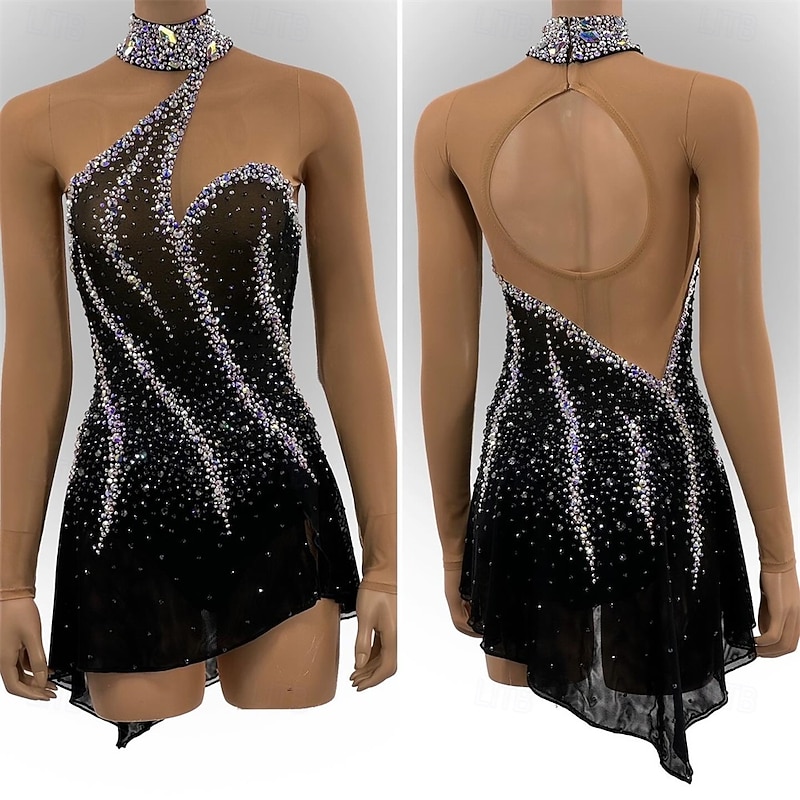 Figure Skating Dress Women's Girls' Ice Skating Dress Black Thumbhole Open Back Mesh Spandex High Elasticity Training Competition Skating Wear Classic Crystal / Rhinestone Long Sleeve Ice Skating