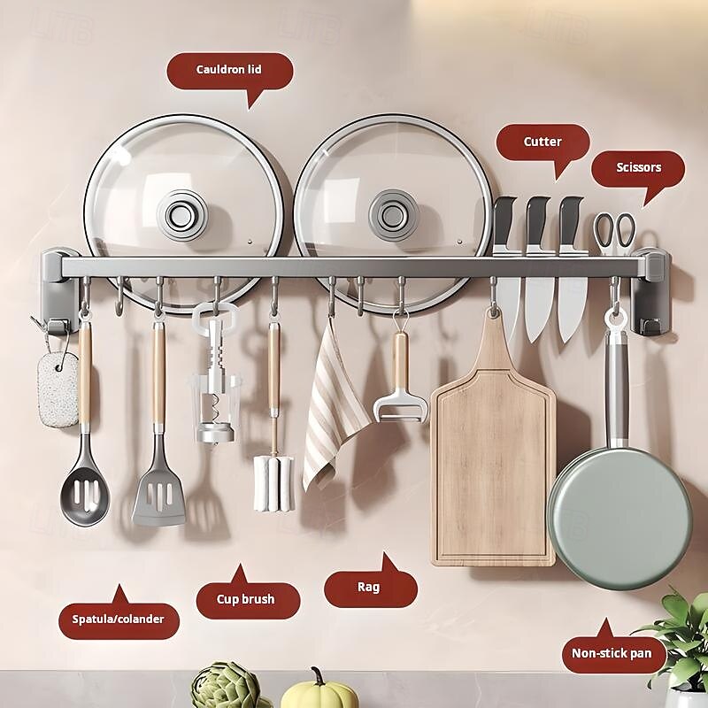 Multi Functional Kitchen Suction Cup Storage Rack, ABS, Aluminum, Hook Hanging Rod&Wall Mounted Knife Holder, Shovel Hanging Rack, Pot Cover Rack, One-Stop Kitchenware Storage Solution4