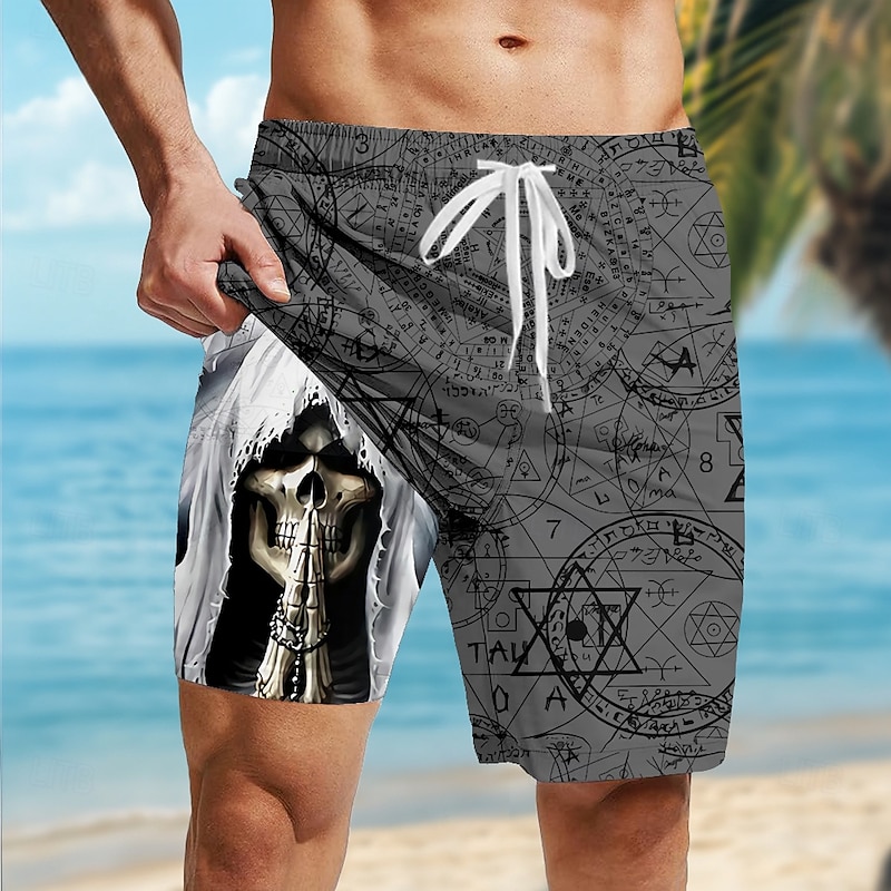 Men's Geometric Skull Gothic Lined Shorts 2 in 1 Board Shorts Swim Shorts Mid Waist Hawaiian Retro Vintage Holiday Side Pockets With Compression Liner Elastic Drawstring Waist Designer Clothing3