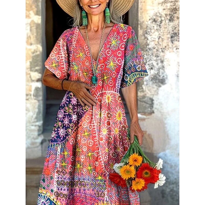 Women's Long Dress Maxi Dress Casual Dress Summer Dress Boho Dress Vintage Vacation Daily Weekend Regular Fit Floral Color Block Short Sleeve V Neck Red Green Summer2