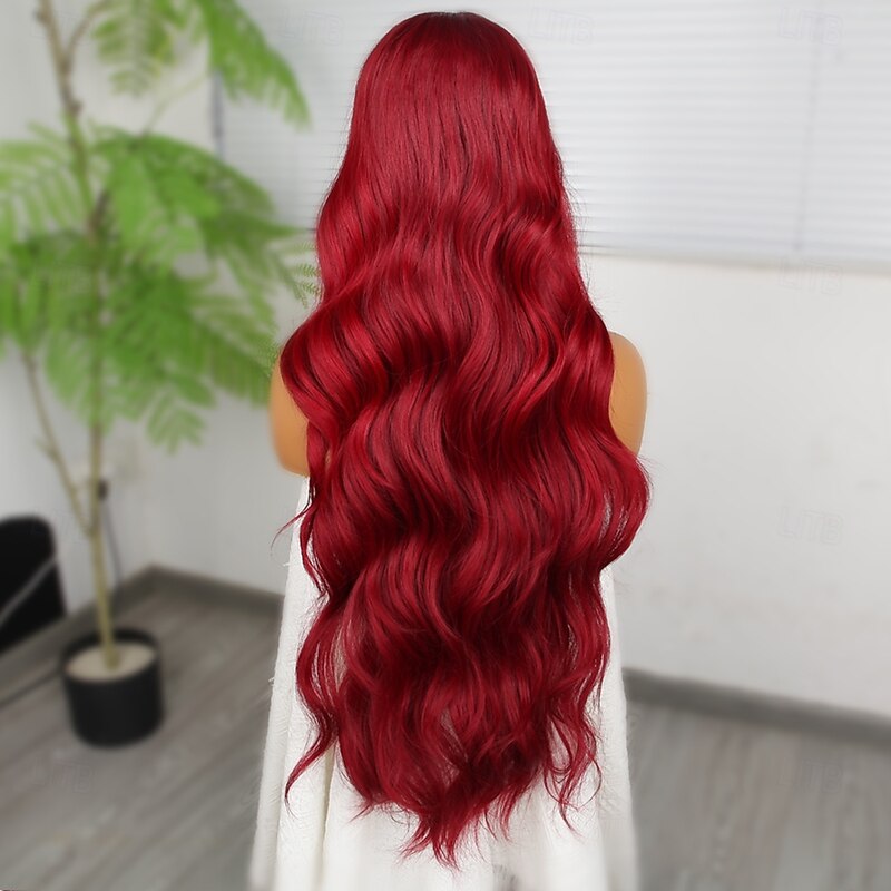 Synthetic Lace Wig Body Wave Style 30 inch Red Middle Part 13x4 Lace Front Wig Women's Wig Wine Red4