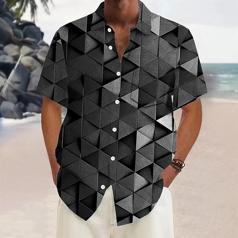 Men's Geometric Optical Illusion Grid / Plaid Shirt Summer Shirt Button Up Shirt Short Sleeve Fashion Casual Vacation Dailywear Holiday Summer Spring Turndown 3D Print Collared Shirts Front One Pocket2