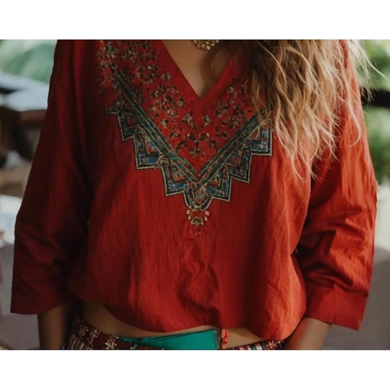 Women's Boho Blouse Floral Graphic Bohemia Vintage Tropical 3/4 Length Sleeve V Neck Regular Tops Red Summer Spring3