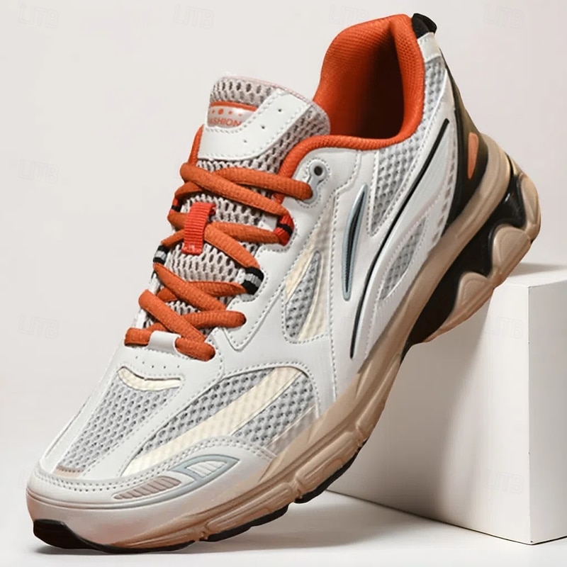 Men's White and Orange Running Sneakers with Lightweight Mesh – Versatile Sneakers for Basketball and Daily Wear