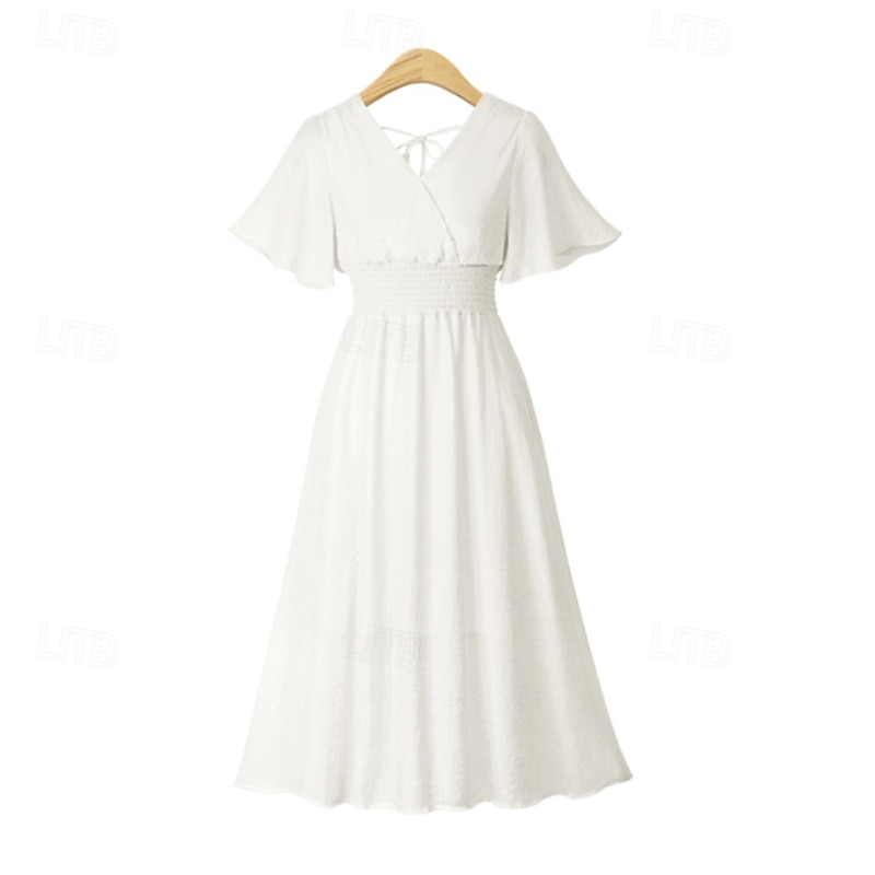 Women's Midi Dress Cocktail Dress Wedding Guest Dress Chiffon Dress Fashion Modern Vacation Tea Party Weekend Regular Fit Plain Short Sleeve V Neck Black White Pink Apricot Summer4