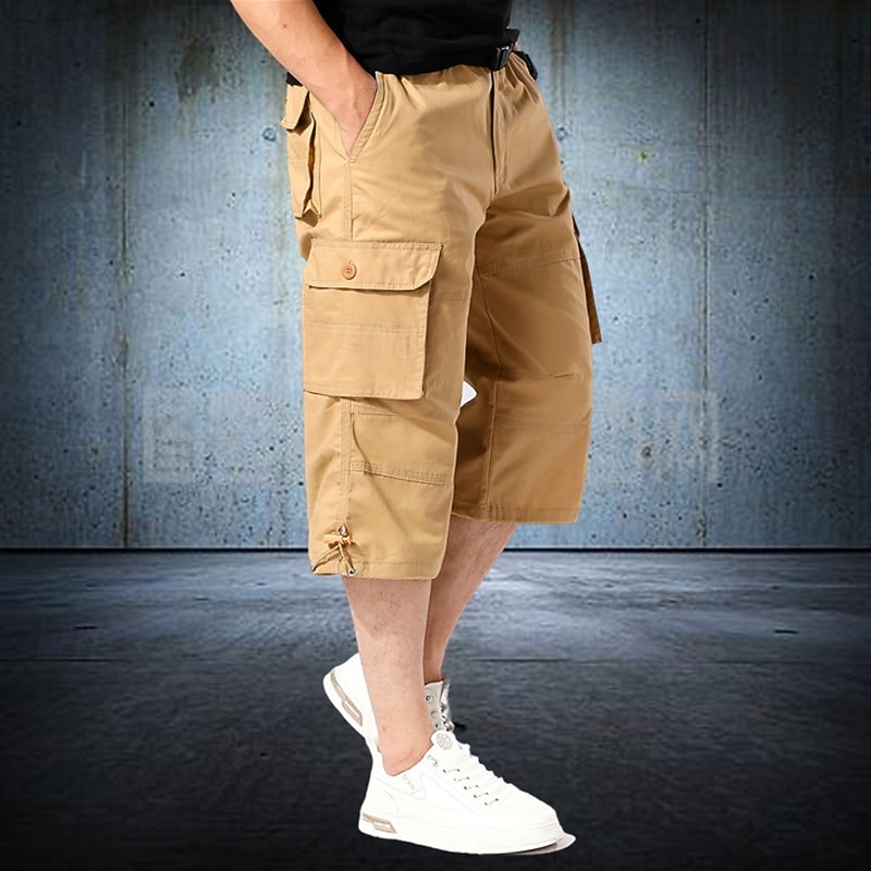 Men's Cargo Shorts Shorts Summer Shorts Drawstring Elastic Waist Multi Pocket Plain Comfort Wearable Calf-Length Outdoor Sport Daily Fashion Casual Black Khaki