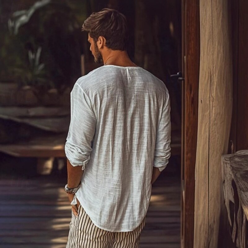 Men's Tee Top Linen-Like T-shirt Long Sleeve Crew Neck Summer Spring Plain Fashion Designer Basic Soft Vacation Casual Casual Daily White Top Tee for Men2