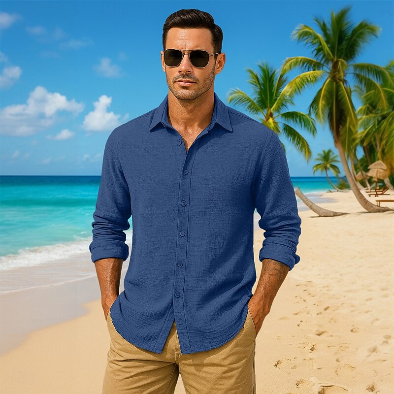 Men's Shirt Summer Shirt Casual Shirt Beach Shirt Button Up Shirt Seersucker Shirt Black Red Dark Navy Navy Blue Dark Green Long Sleeve Solid Color Plain Collar Vacation Casual Clothing Apparel2