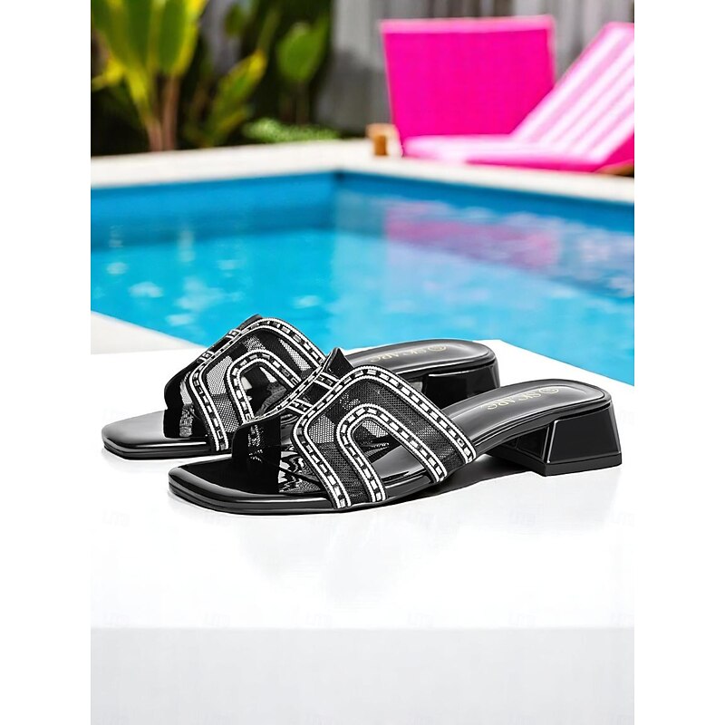 Women's Black Rhinestone Slip-On Kitten Heels – Elegant Low Block Sandals for Everyday Outings and Evening Get-Togethers2