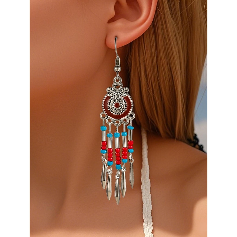 Bohemian Style Beaded Dangle Earrings for Women - Colorful Red and Blue, Tribal Chic, Perfect for Summer, Festivals and Casual Outfits