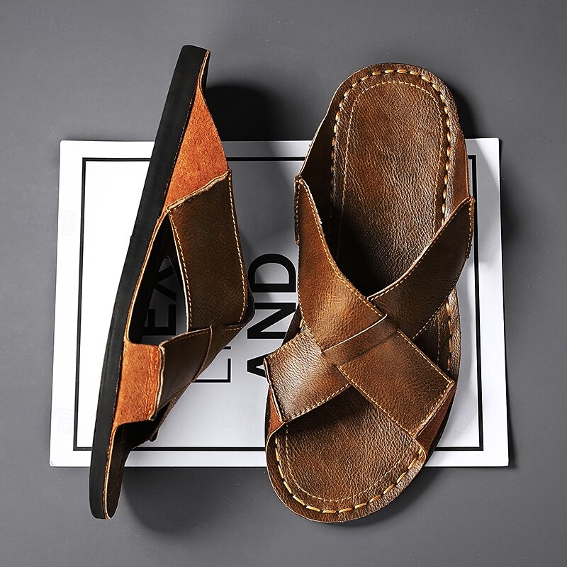 Men's Brown Faux Leather Cross-Strap Sandals – Comfortable Slip-On Sandals with High-Quality Leather Construction and Adjustable Fit, Ideal for Relaxed Summer Style and Outdoor Adventures3