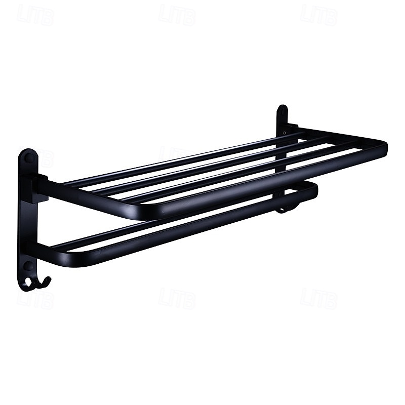 Aluminum Alloy Towel Holder Storage Organizer Shelf Wall Mounted Folding Towel Rack Bathroom Accessories, Black4