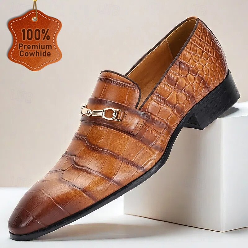 Men's Tan Crocodile Embossed Leather Loafers – Stylish Prom and Banquet Slip-On Dress Shoes with Horsebit Detail