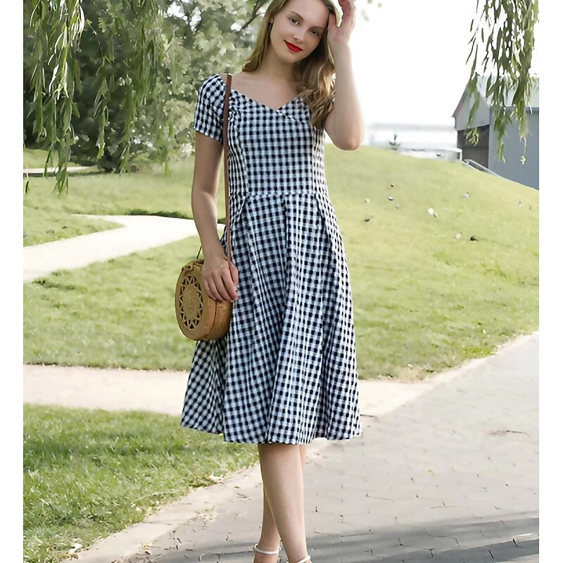 Retro Vintage 1950s Rockabilly Midi Dress A Line Dress Flare Dress Off Shoulder Gingham A-Line Fancy Dress Women's Vacation Tea Party Party & Evening Adults Dress Summer3