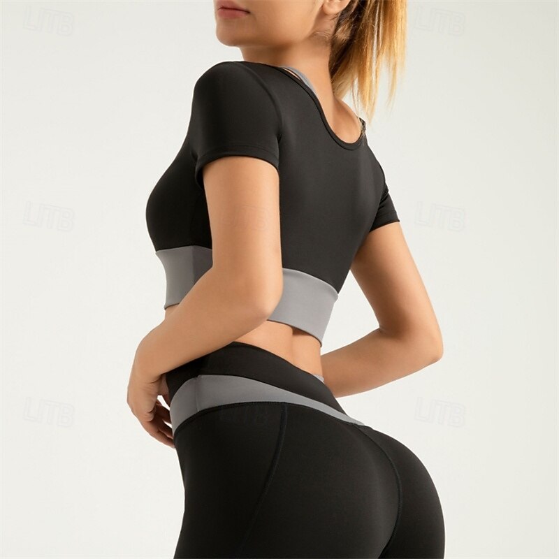Women's Yoga Top Scoop Neck Breathable Patchwork Short Sleeve Sports Solid Color Tee Tshirt Top For Running Fitness Yoga Loose Fit Activewear3