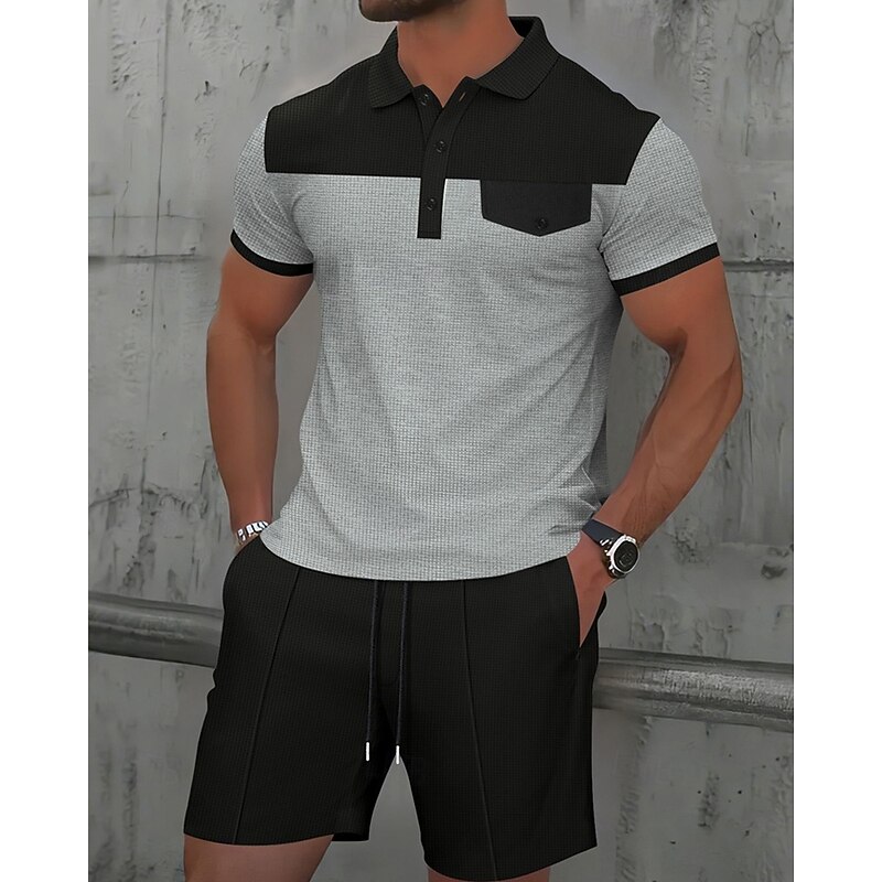 Men's T-shirt Suits 2 Pieces Outfits Tee & Shorts Short Sleeve Lapel Summer Color Block Fashion Casual Patchwork Pocket 2 Piece Vacation Daily Wear Going out Wine Dark Green khaki Top Tee for Men