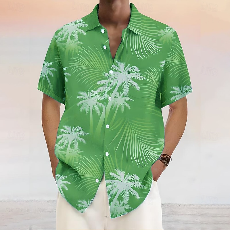 Men's Coconut Tree Tropical Plants Shirt Summer Hawaiian Shirt Button Up Shirt Short Sleeve Hawaiian Vacation Holiday Beach Wear Summer Turndown 3D Print Front One Pocket Linen Like Shirt Pink Blue2