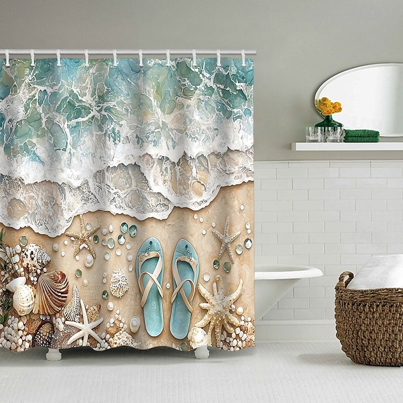 Shower Curtain with Hooks 180cm*180cm(70"*70") Polyester Machine Washable Waterproof Ocean Turtle Beach Landscape Pattern4