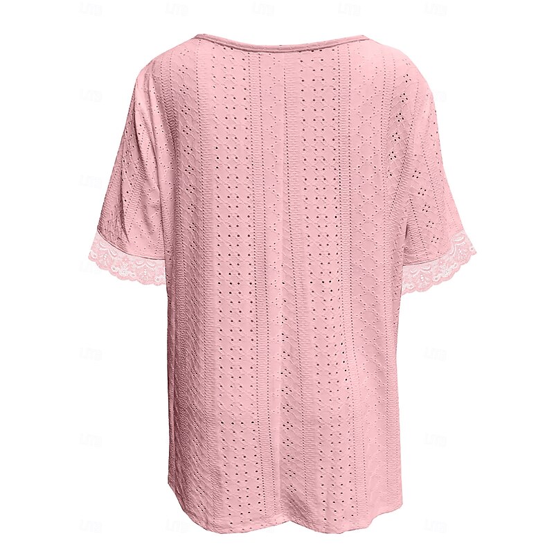 Women's Tunic Solid Color Plain Elegant Vintage Fashion Short Sleeve V Neck Regular Tops Daily Weekend Lace Pink Blue Summer Spring2