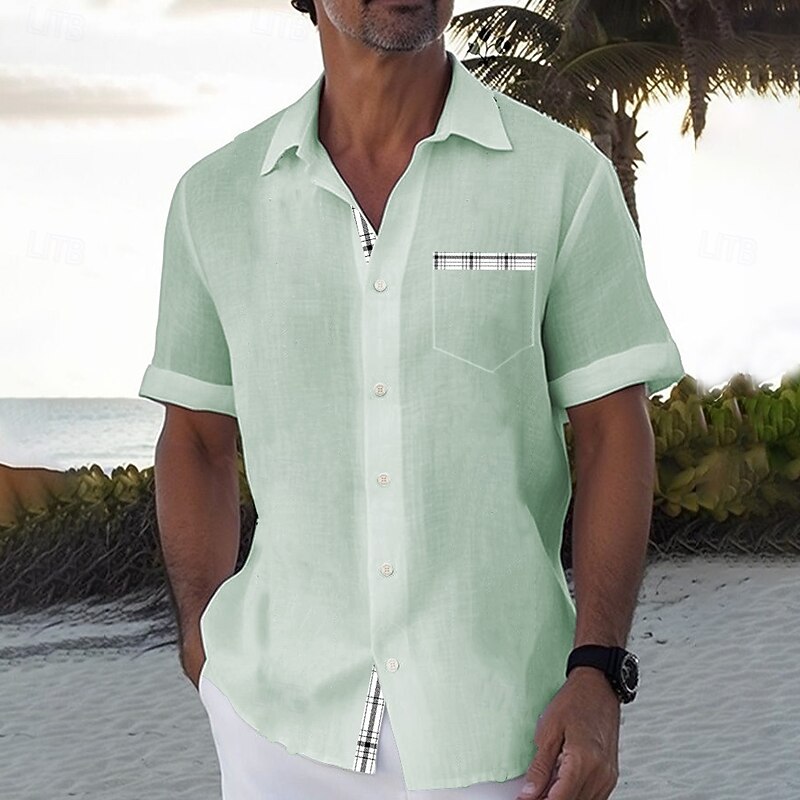 Men's Geometic Linen Shirt Summer Shirt Beach Shirt Short Sleeve Fashion Casual Vacation Holiday Beach Wear Summer Spring Turndown Collared Shirts Front One Pocket Pink Blue Green