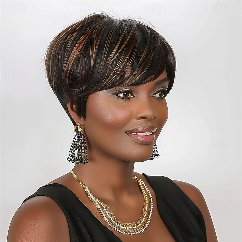 Pixie Cut Wigs for Black Women Synthetic Wavy Pixie Black Omber Auburn Wigs for Women Short Hair Straight Pixie Wig Short Curly Wigs for Black Women3