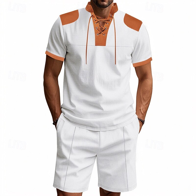Men's T-shirt Suits 2 Pieces Outfits Tee & Shorts Short Sleeve Standing Collar Summer Color Block Fashion Casual Lace up 2 Piece Vacation Daily Wear Going out Black White Royal Blue Top Tee for Men4