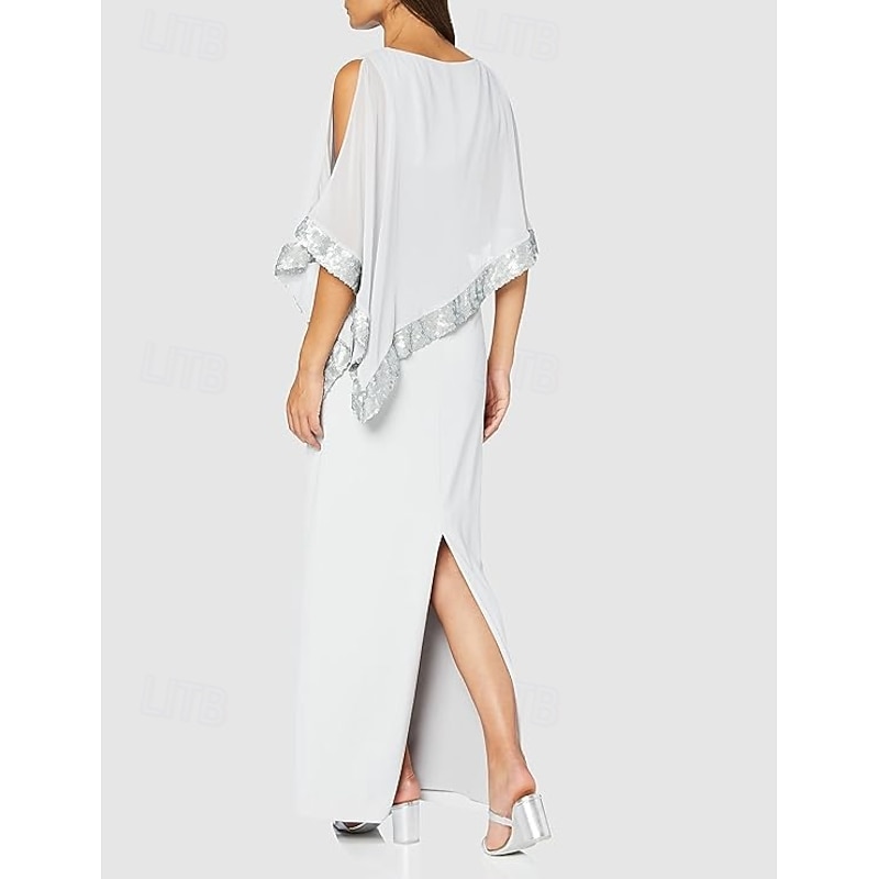 Beach Wedding Sheath Mother of the Bride Dress Wedding Guest Elegant Sparkle & Shine Jewel Neck Ankle Length Chiffon 3/4 Length Sleeve with Sequin Split Front free custom size2