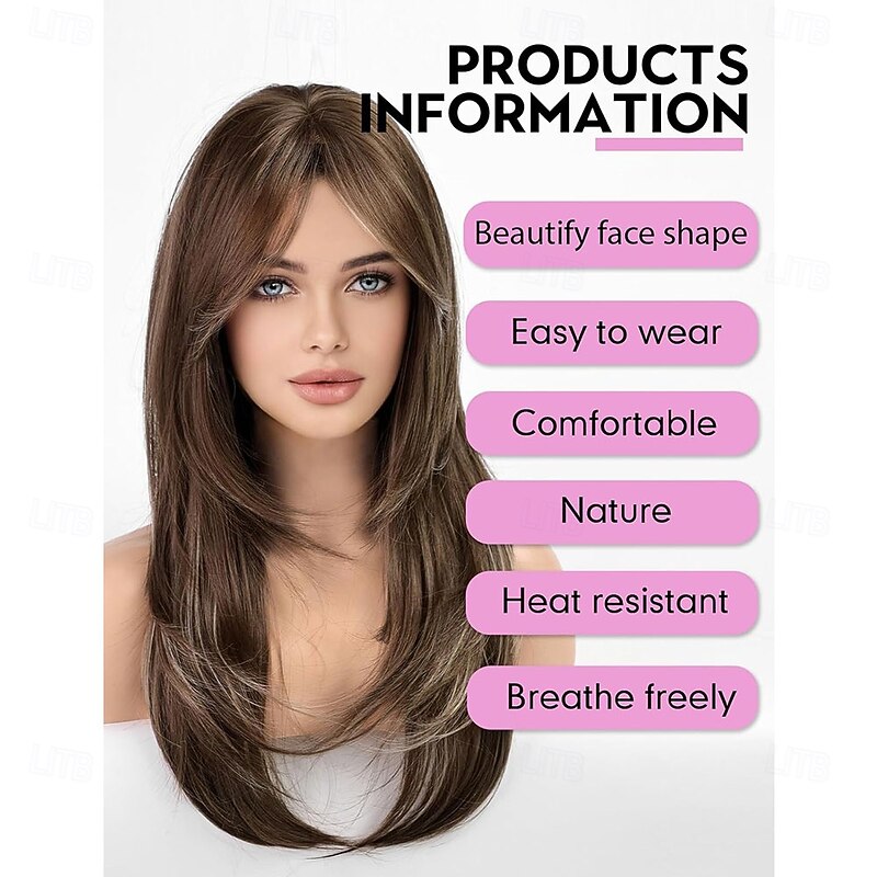 Natural Long Wigs for Women with Fringe Synthetic Heat Resistant Hair Ombre Brown Wig for Daily Party Cosplay Use4