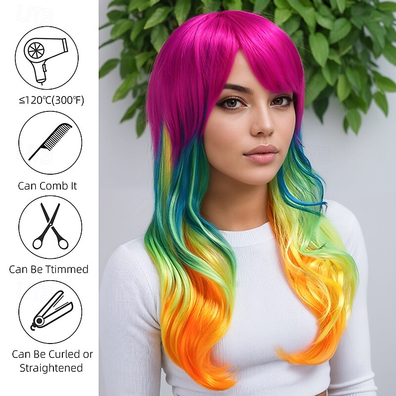 Synthetic Wig Wavy Curly Weave With Bangs Machine Made Wig 20 inch A1 Synthetic Hair Women's Classic Comfortable Color Gradient Multi-color3