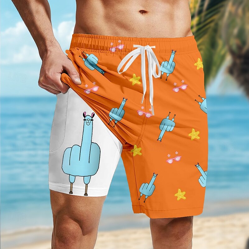 Men's Animal Funny Alpaca Lined Shorts 2 in 1 Board Shorts Swim Shorts Mid Waist Hawaiian Vacation Holiday Beach Wear Side Pockets With Compression Liner Elastic Drawstring Waist Designer Clothing3