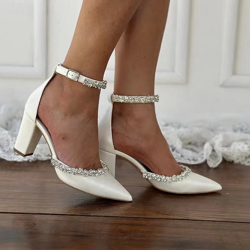 Women's White Block Heel Wedding Shoes – Pointed Toe with Rhinestone Embellished Ankle Straps, Elegant Bridal Footwear for Special Occasions3
