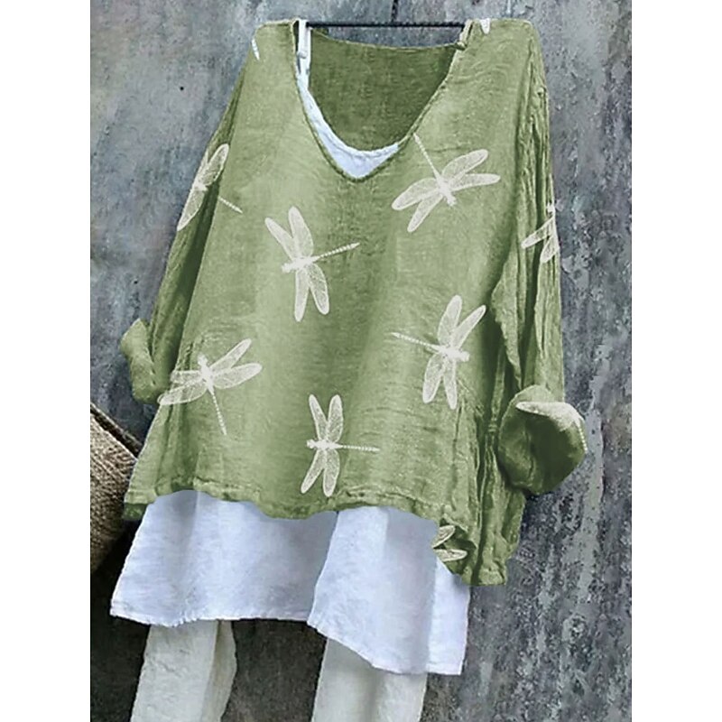 Women's Blouse Graphic Dragonfly Stylish Casual 3/4 Length Sleeve V Neck Regular Tops Daily Pink Blue Purple Green Summer Spring3