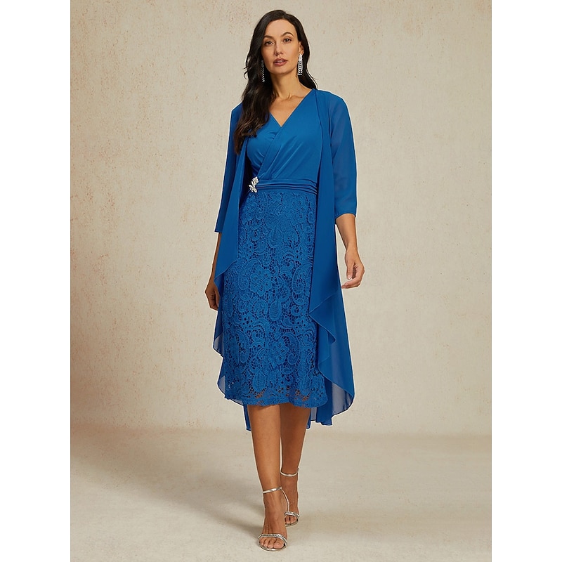 Women's Wedding Guest Cocktail Dress Elegant Two Piece Dress Set Lace Chiffon Midi Dress V Neck Long Sleeve Plain Regular Fit Wine Blue Fall Winter