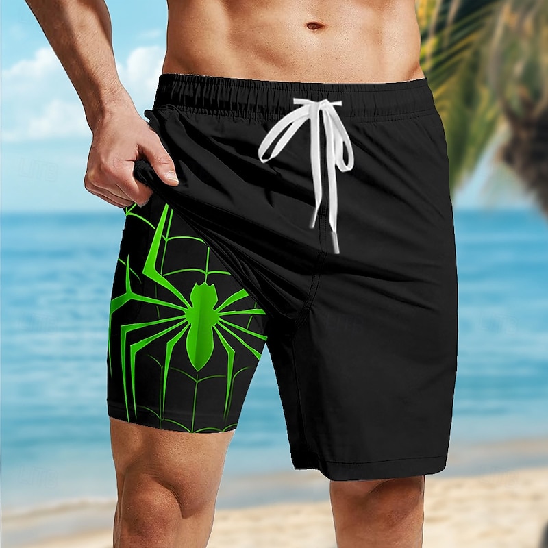 Men's Spider Gothic Halloween Costumes Lined Shorts 2 in 1 Board Shorts Swim Shorts Mid Waist Hawaiian Retro Vintage Holiday Streetwear Side Pockets With Compression Liner Elastic Drawstring Waist3