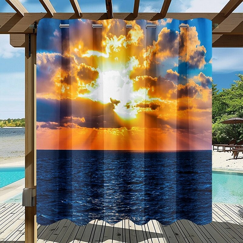 Waterproof Outdoor Curtain Privacy, Sliding Patio Curtain Drapes, Pergola Curtains Grommet 3D Summer Beach Sunset Landscape For Gazebo, Balcony, Porch, Party, 1 Panel2