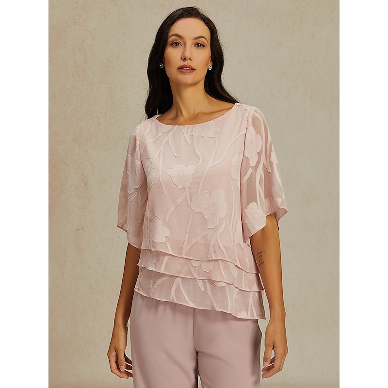Women's Lace Shirt Blouse Dressy Tops Chiffon Tops Solid Color Floral Graphic Elegant Stylish Basic Half Sleeve Flutter Sleeve Boat Neck Regular Tops Wedding Guest Work Daily Asymmetric Hem Pink4