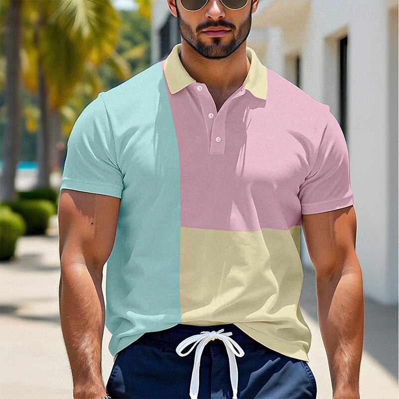 Men's Color Block Polo Short Sleeve Polo Shirts Collared Shirts Casual School Outdoor Daily Wear 3D Print Summer Pink3