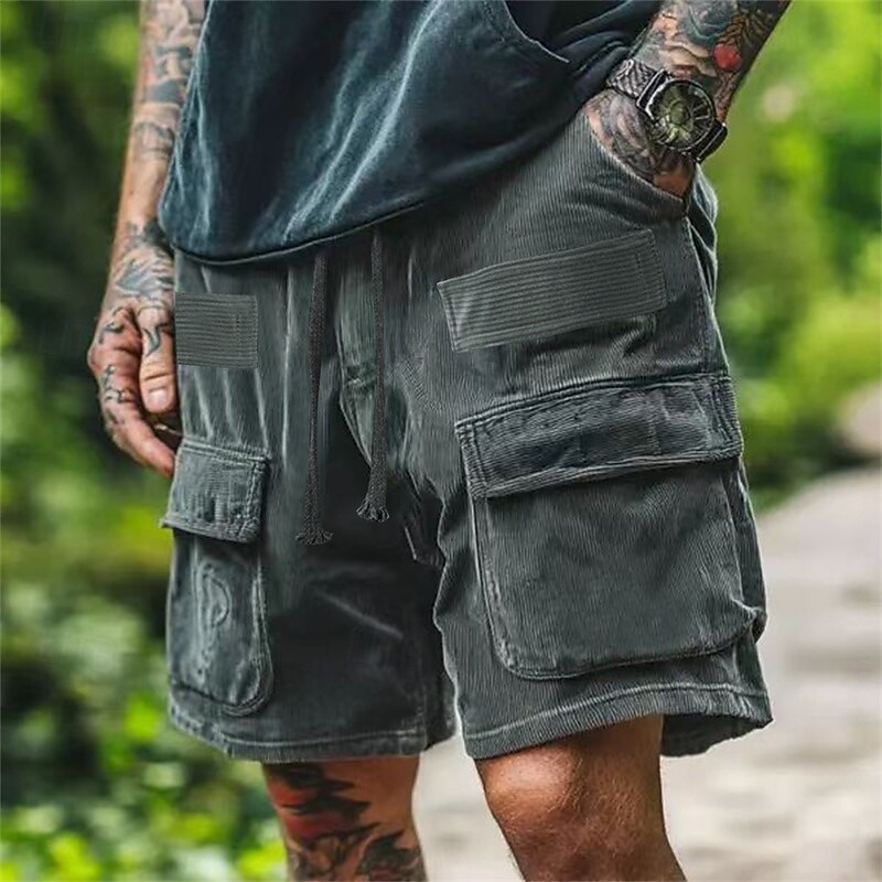 Men's Cargo Shorts Shorts Casual Shorts Hiking Shorts Corduroy Shorts Drawstring Elastic Waist Multi Pocket Plain Breathable Moisture Wicking Knee Length Outdoor Casual Daily Fashion Streetwear Black