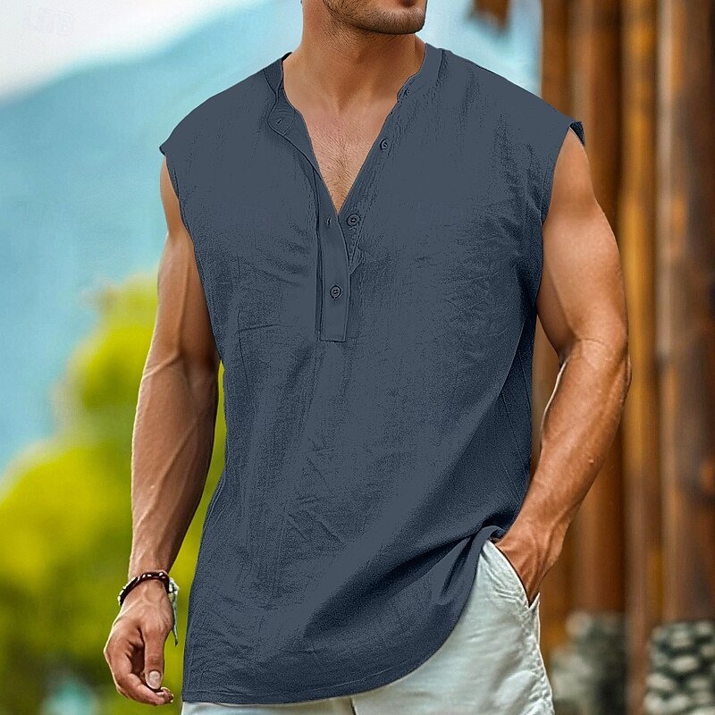Men's Henley Shirt Vest Top Undershirt Linen Tank Top Sleeveless Henley Summer Plain Fashion Designer Muscle Buttons Outdoor Going out Gym Navy Blue Top Tee for Men
