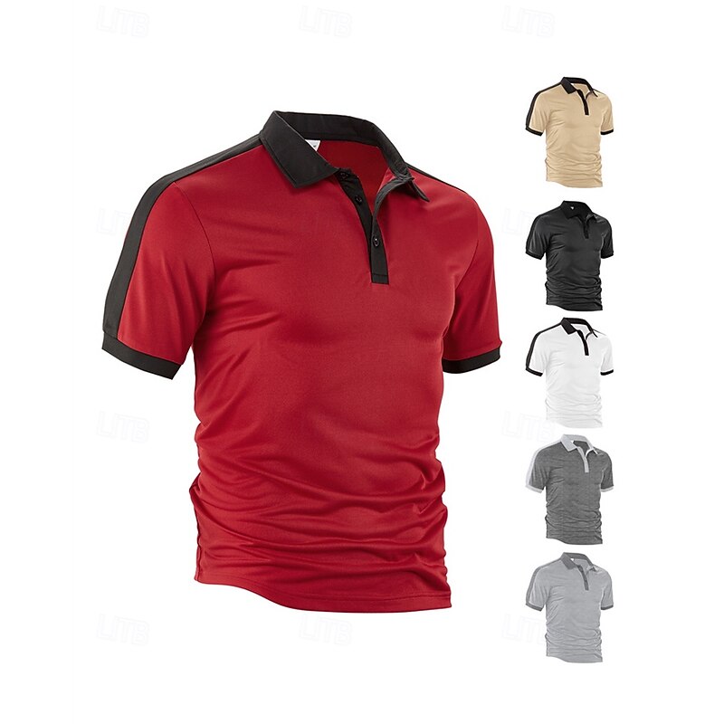 Men's Golf Shirt Golf Polos Shirts Work Casual Lapel Short Sleeve Basic Modern Color Block Patchwork Buttons Summer Regular Fit Black White Wine Khaki Light Grey Dark Gray Golf Shirt