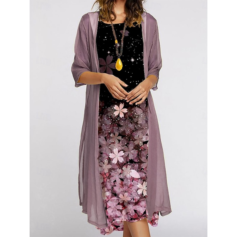 Women's Dress Set Summer Dress Casual Floral Print Midi Dress 3/4 Length Sleeve Crew Neck Outdoor Daily Pink Blue Green Summer Spring Regular Fit