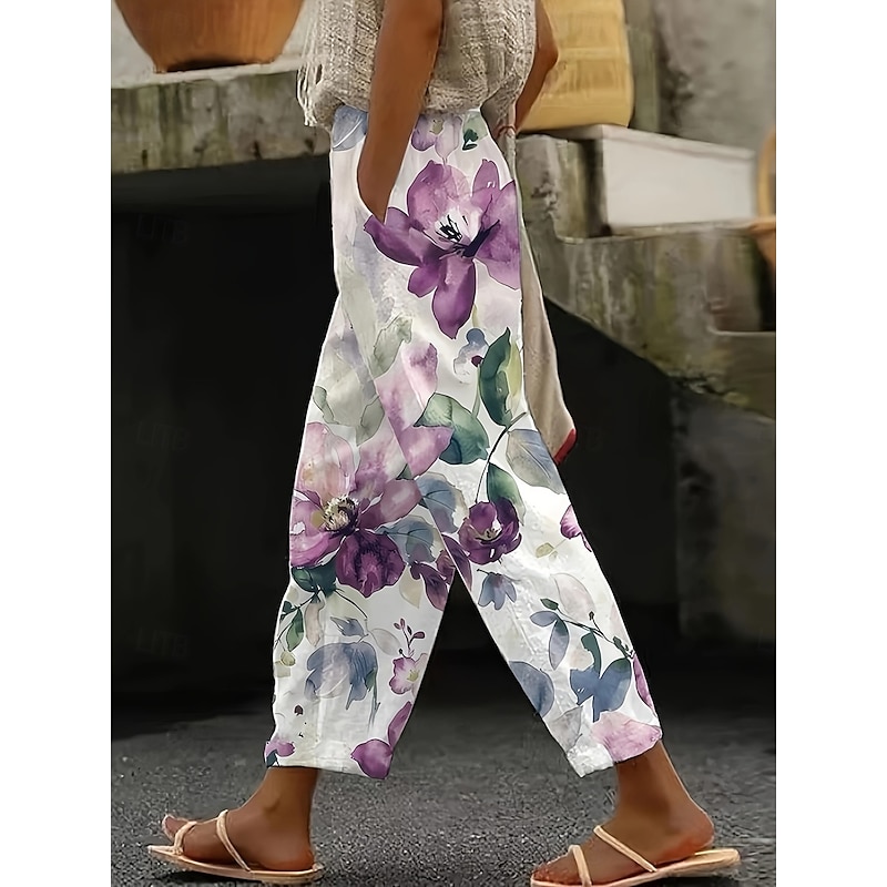Women's Cotton Linen Pants Baggy Pants Linen Like Beach Shorts Vacation Vintage Fashion Full Length High Waist Floral Graphic Printing Thermal Warm Breathable Soft Micro-elastic Causal Violet