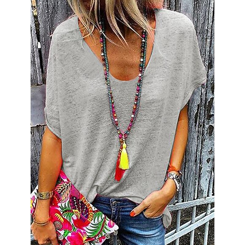 Women's T Shirt Solid Color Plain Fashion Stylish Classic Short Sleeve V Neck Regular Tops Daily Weekend Black White Pink Gray Summer Spring4