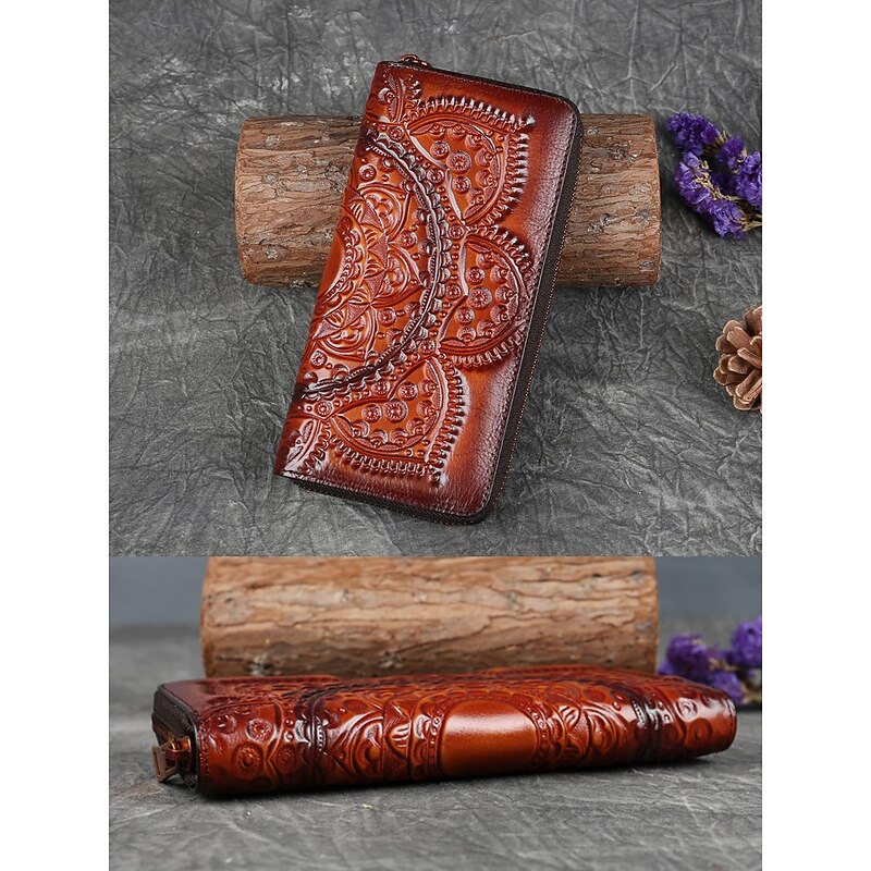 Handmade leather continental wallet with elegant mandala pattern - zip closure, multiple compartments, ideal gift for women on Mother's Day3