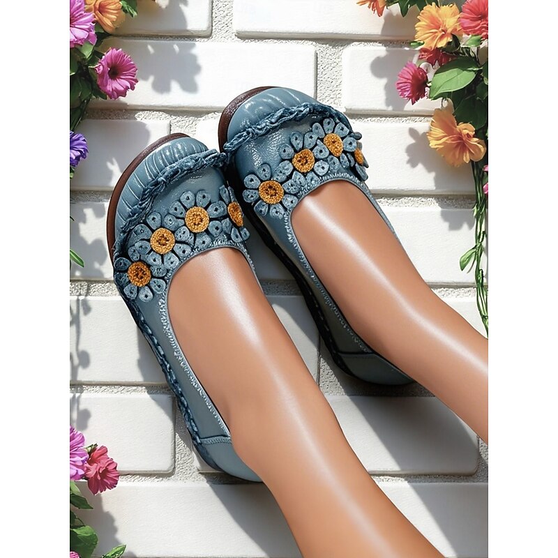 Women's Premium Leather Flats with Floral and Ruffled Design – Retro & Comfortable Style for Spring Garden Walks, Weekend Brunch & Daily Errands4