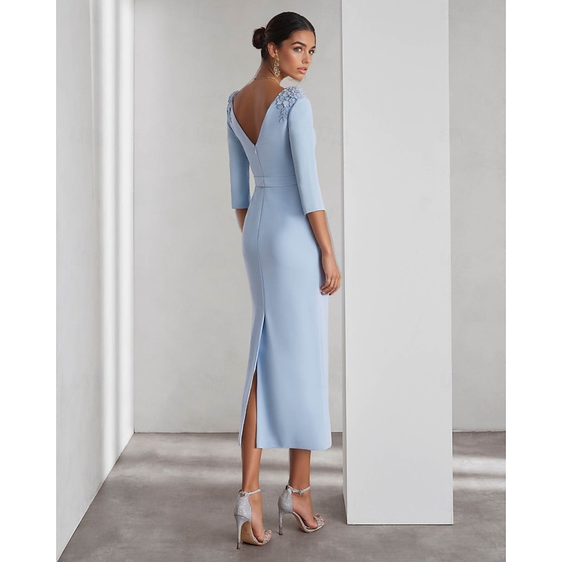 Sheath / Column Cocktail Dresses Elegant Dress Formal Wedding Ankle Length 3/4 Length Sleeve Crew Neck Stretch Crepe with Slit2