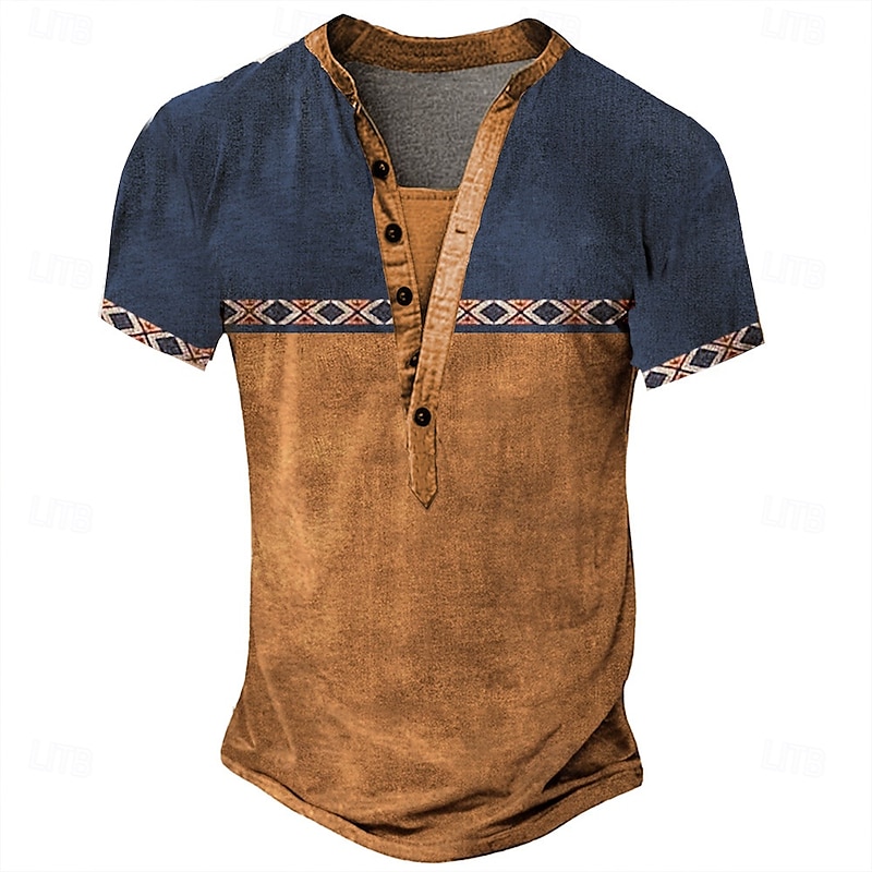 Men's Tribal T Shirt Henley Shirt Tee Short Sleeve Vintage Designer Basic Outdoor Casual Daily Summer Dark Brown Black Green Blue Light Grey Henley Henley T-Shirt
