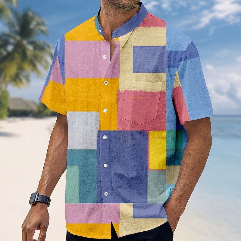Men's Color Block Patchwork Shirt Stand Collar Shirt Short Sleeve Casual Vacation Dailywear Summer Spring Mandarin Collar Band Collar Grandad Collar Button Up Front One Pocket Linen Like Shirt Blue