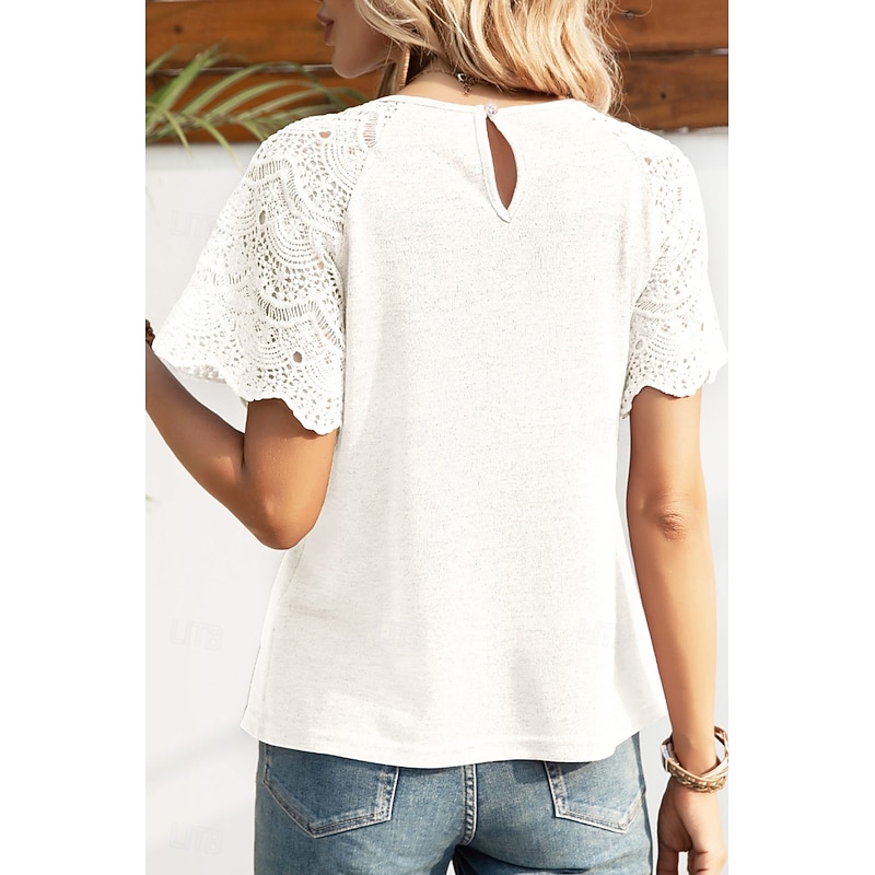 Women's Blouse Lace Tops Plain Casual Short Sleeve Crew Neck Regular Tops Daily Holiday Going out Lace Black White Purple Summer4